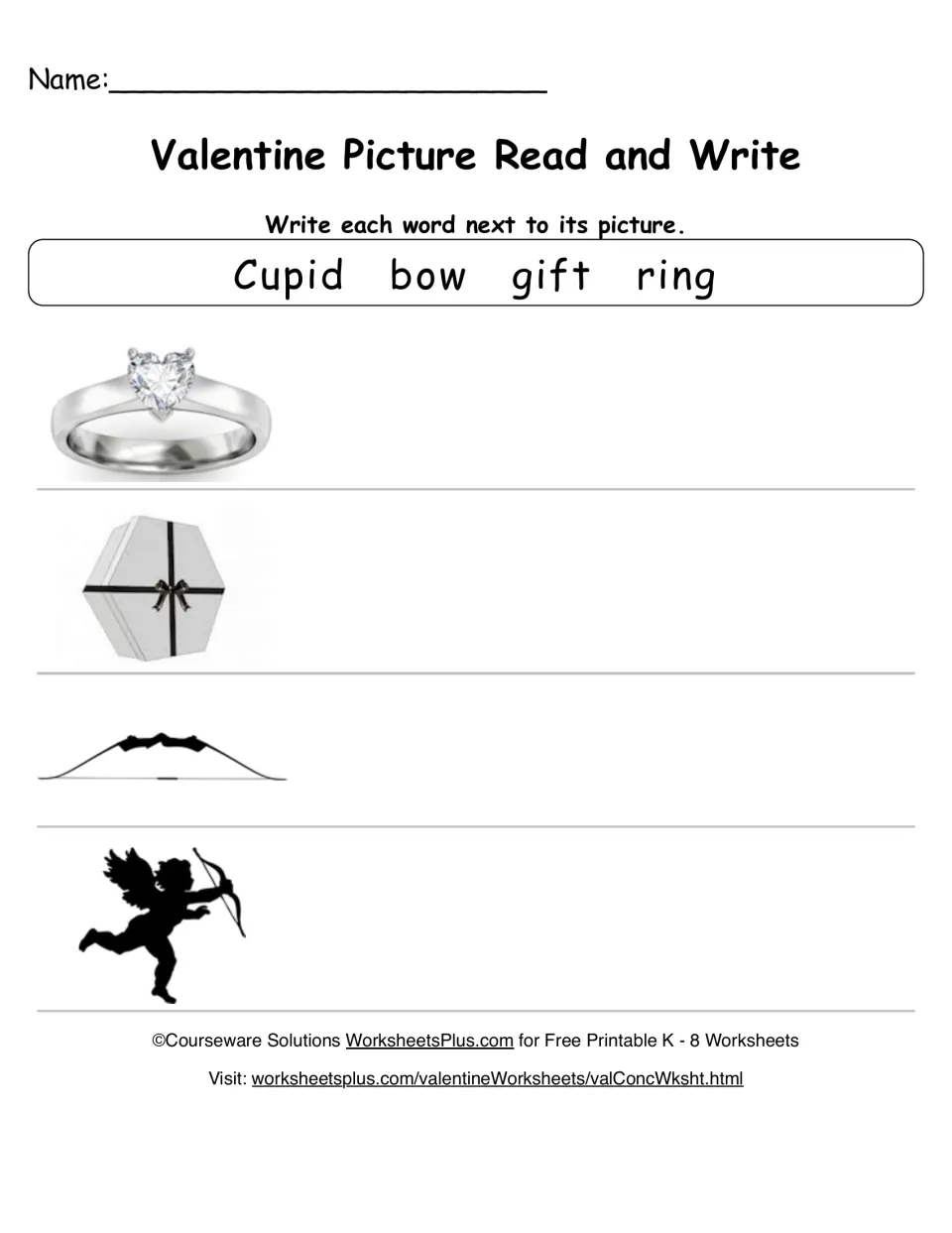 Valentine words: students write Cupid, bow, gift or ring beside a heart ring, wrapped box, a bow and Cupid silhouette
