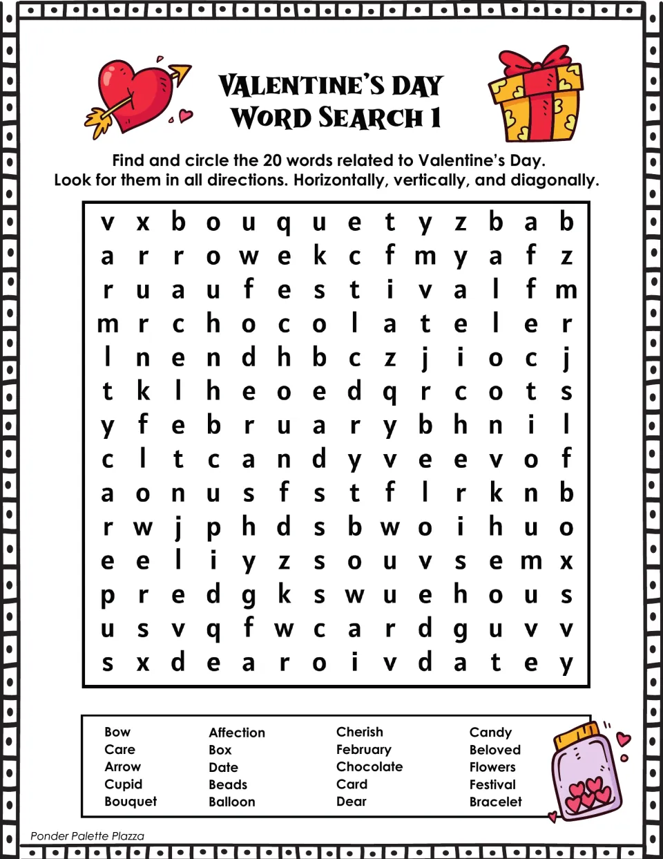 Valentine's Day word search 1: find 20 words, including bow, affection, cherish, candy, and bouquet.