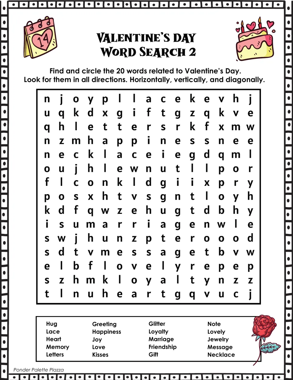 Valentine's Day word search 2: find 20 words, including hug, happiness, friendship, jewelry, and necklace.
