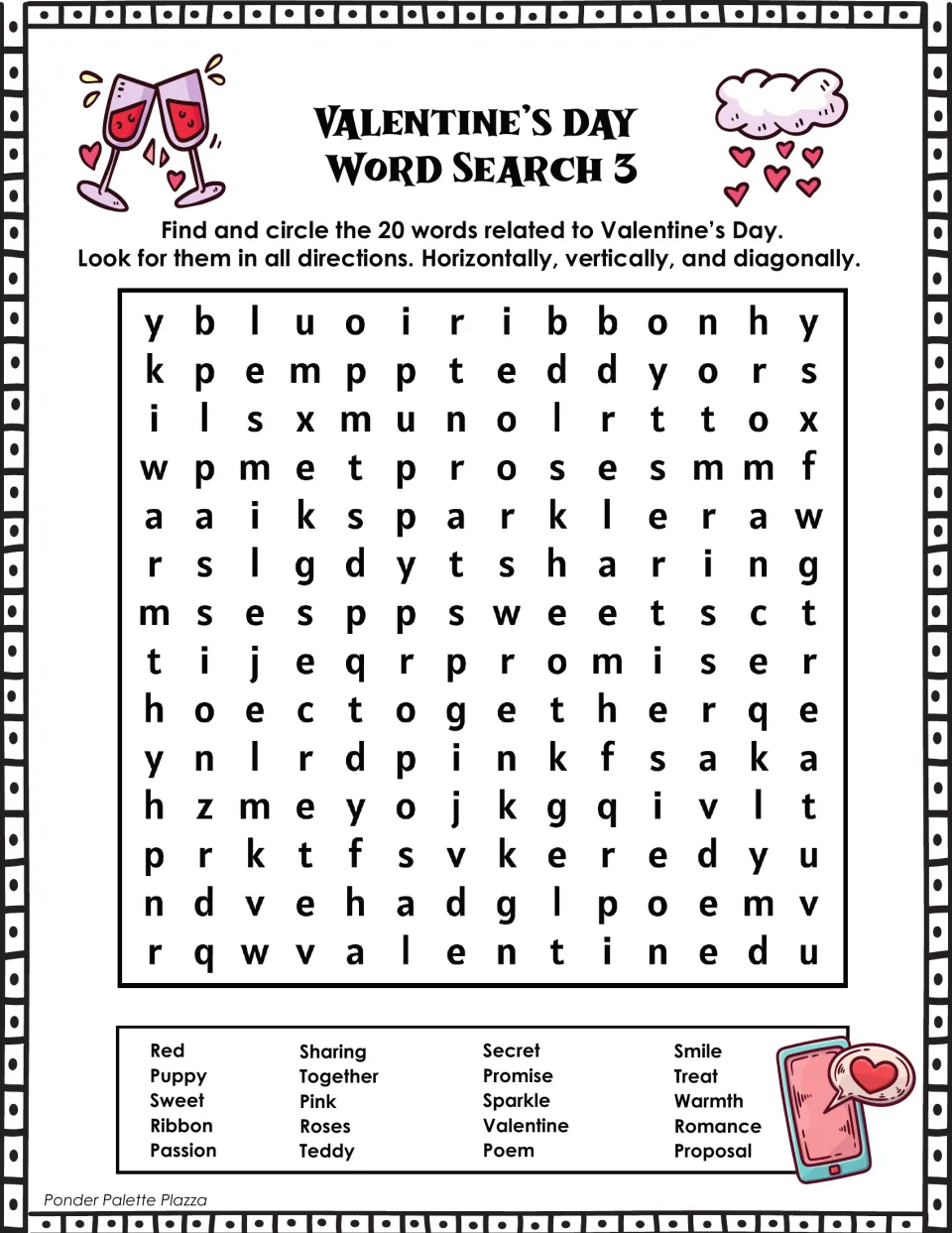 Valentine's Day word search 3: find 20 words, including ribbon, sharing, promise, warmth, and proposal.