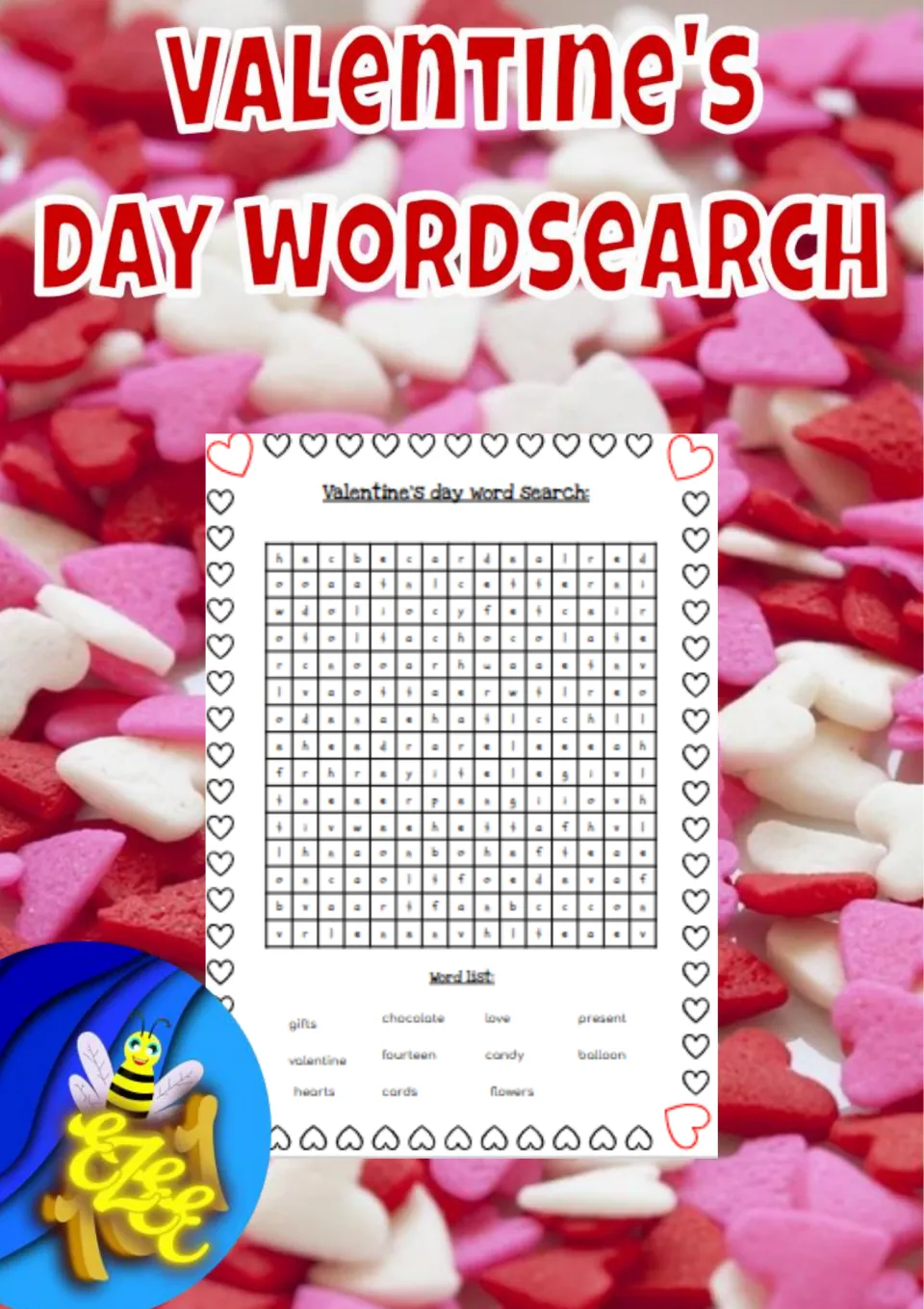 Cover of Valentine's Day Wordsearch, showing a sample puzzle with words including gifts, chocolate, and love