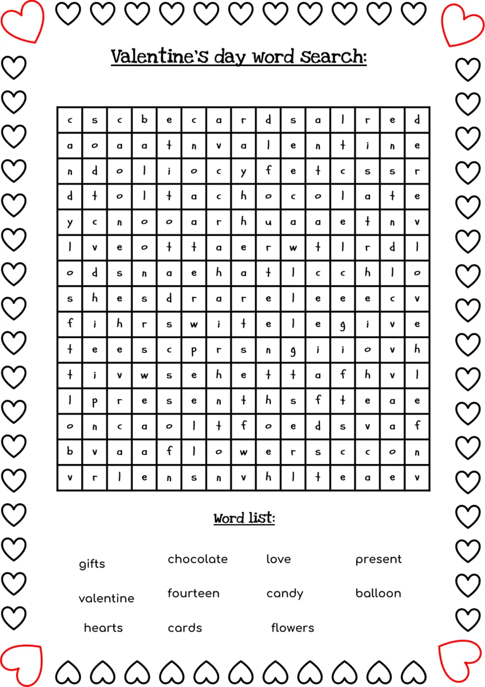 Easier word-search puzzle featuring 11 words: gifts, chocolate, love, present, valentine, and six more