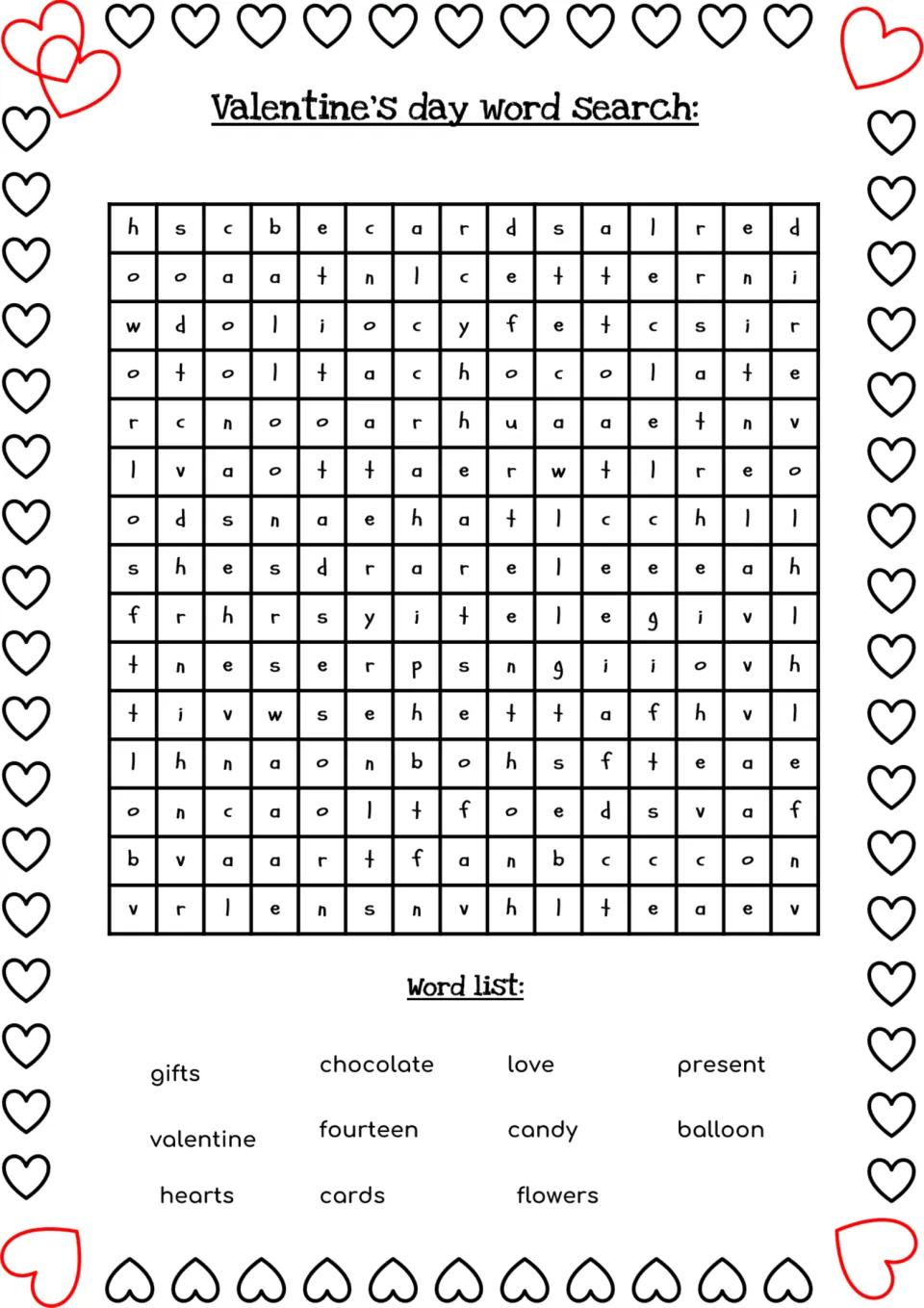 Harder word-search puzzle using the same 11 words, including candy and flowers hidden diagonally