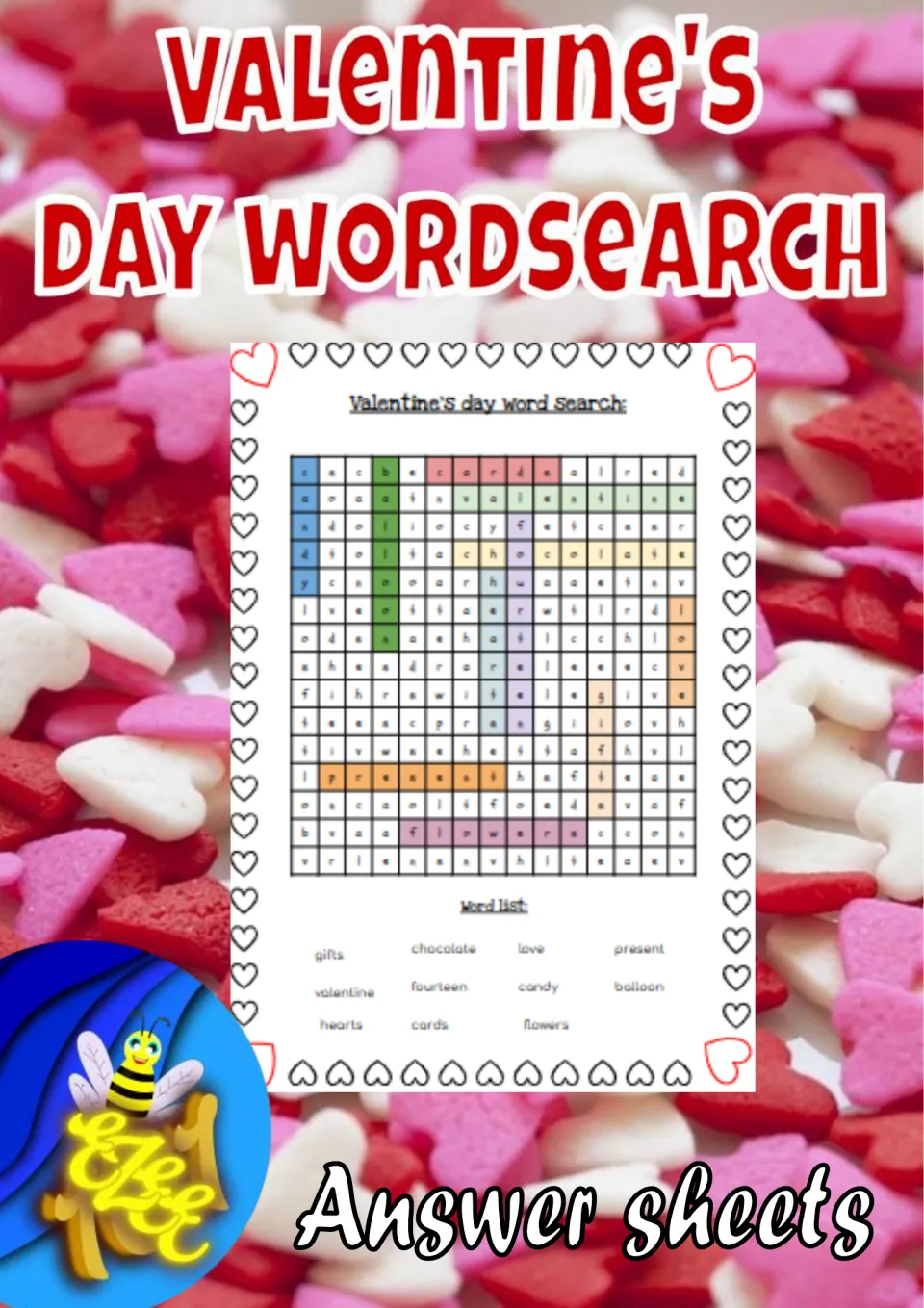 Answer-sheet section cover showing a sample solved puzzle with highlighted words including candy and cards