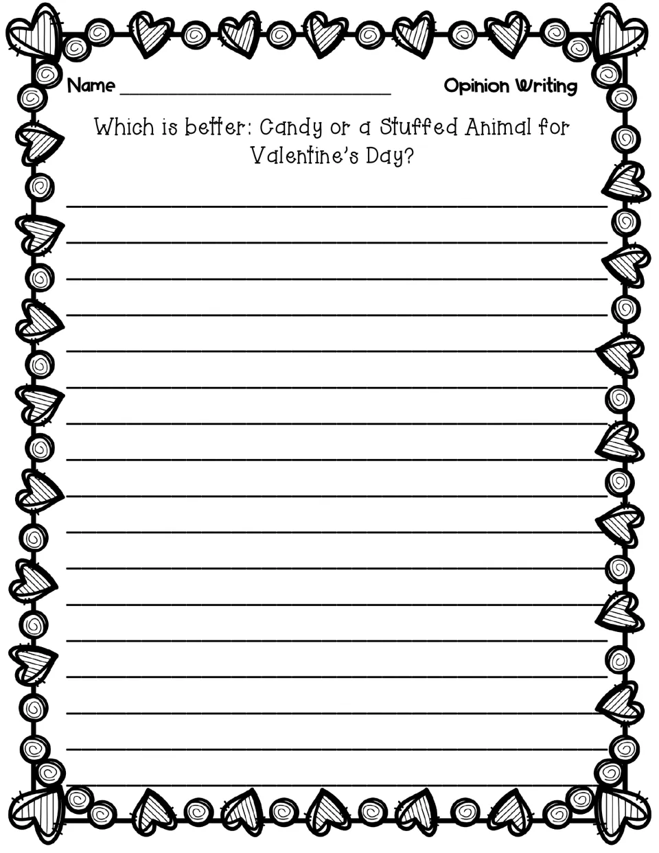 Candy or stuffed animal opinion prompt repeated without directions, so students draft their Valentine's Day argument