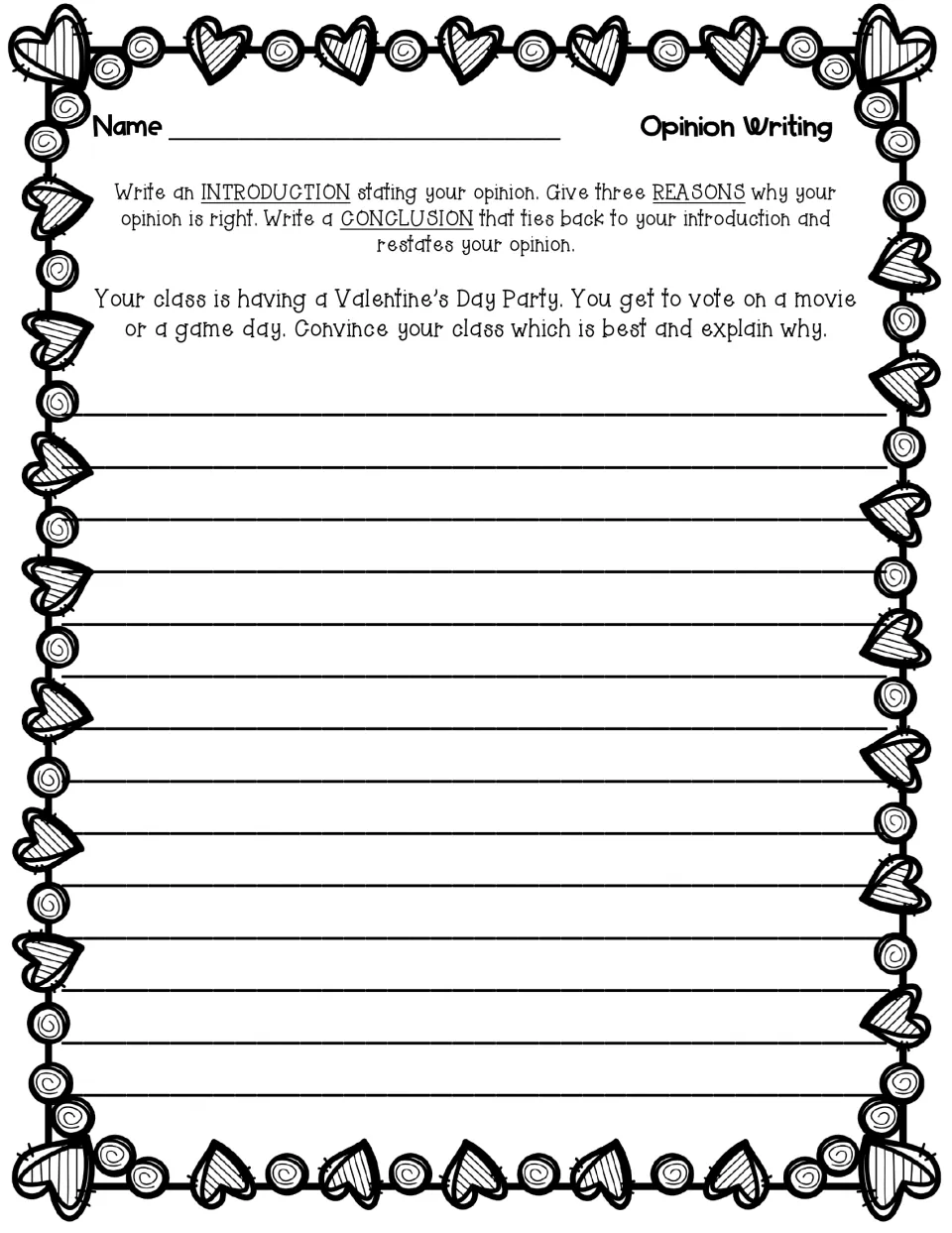 Opinion prompt: students convince their class to vote for a movie or game day at the Valentine's party, with three reasons