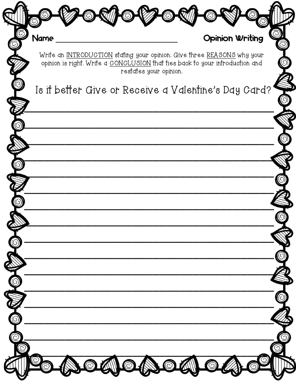 Opinion prompt: students decide if it is better to give or receive a Valentine's Day card and back it with three reasons