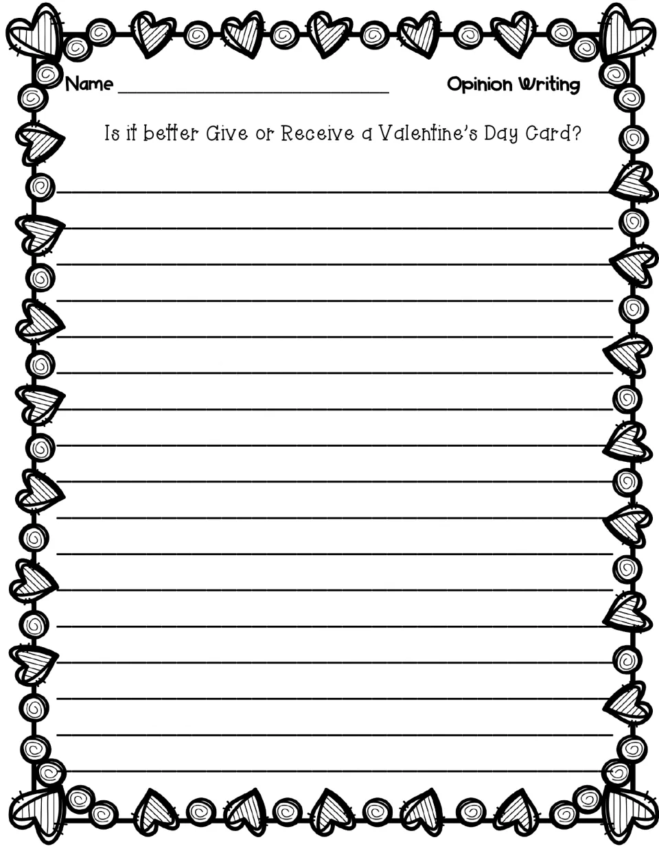 Give or receive a Valentine's card opinion prompt with no directions, where students write their full argument
