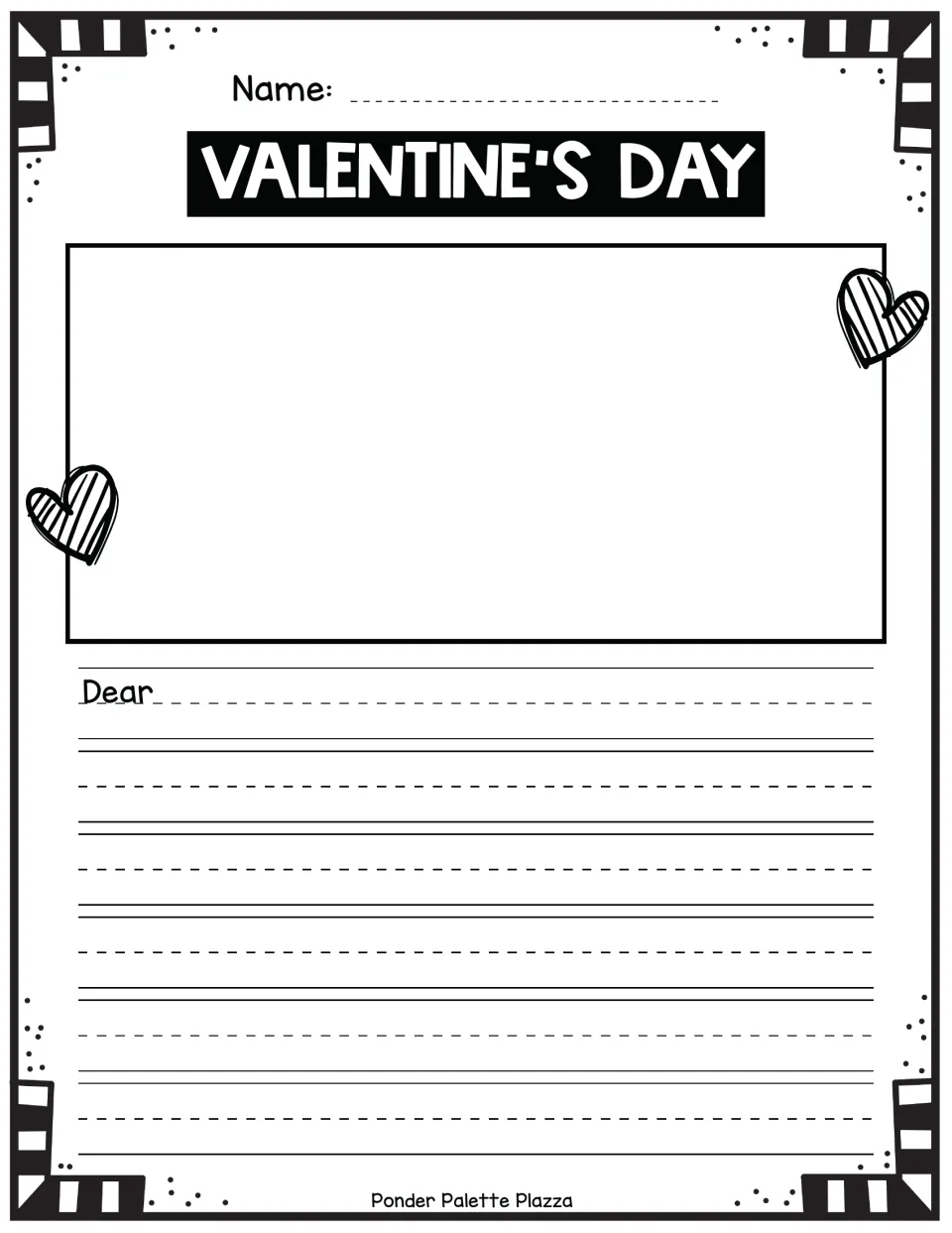 Valentine draw-and-write activity headed “Valentine’s Day,” with “Dear” to begin a written message.
