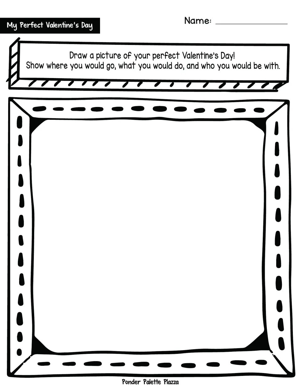 Drawing prompt: illustrate your perfect Valentine's Day, showing where you would go, activities, and companions.