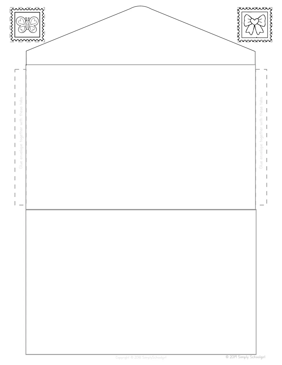 Pretend envelope template: students cut it out, glue the side tabs and address it; butterfly and bow stamp pictures