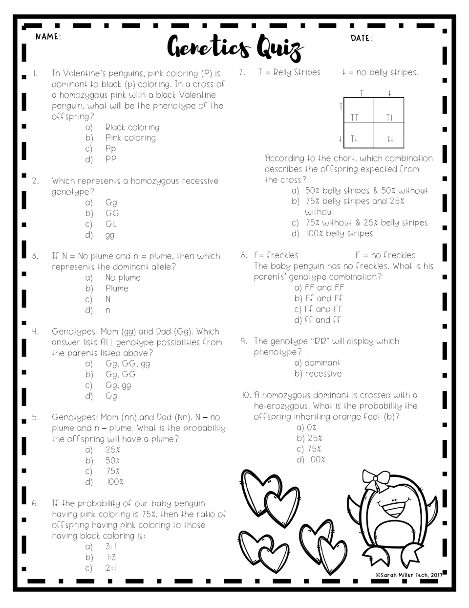 Genetics quiz: 10 questions on penguin traits, dominant alleles, genotypes, phenotypes, and probability