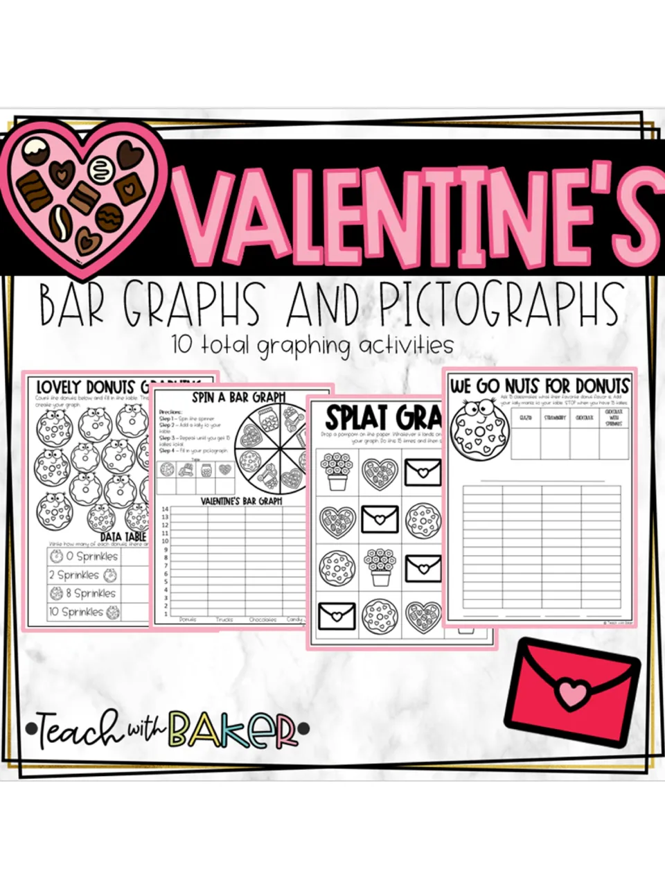 Cover of the Valentine-themed bar graph and pictograph resource, advertising 10 graphing activities