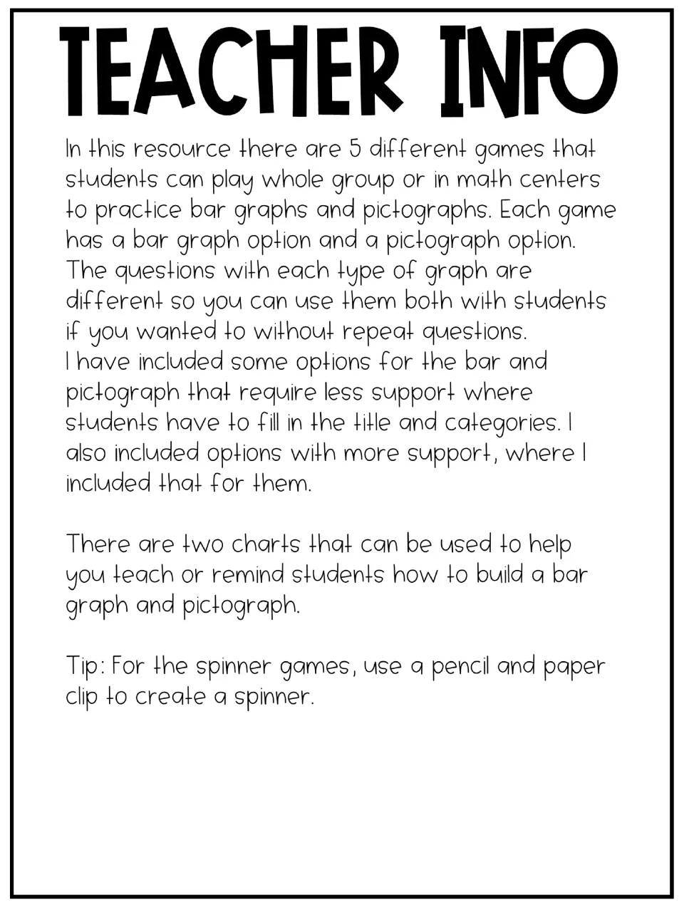 Teacher information for five graphing games explains graph options, labeling support, charts, and spinners
