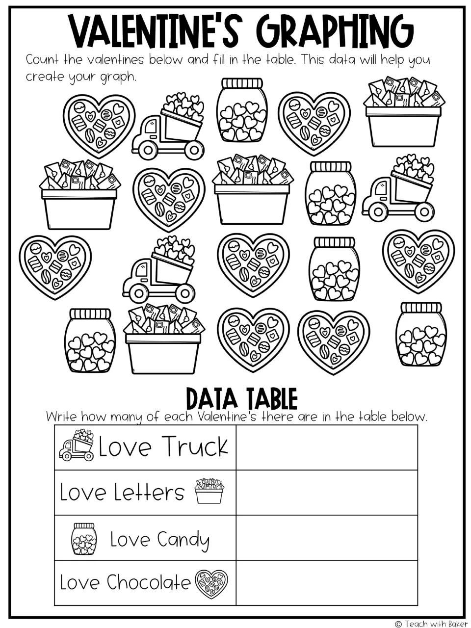 Valentine counting activity asks students to record totals for love trucks, letters, candy, and chocolate