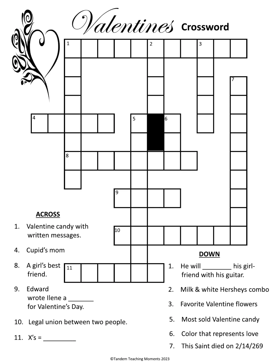 Valentines crossword: students solve 11 holiday clues such as Cupid's mom and the saint who died on 2/14/269