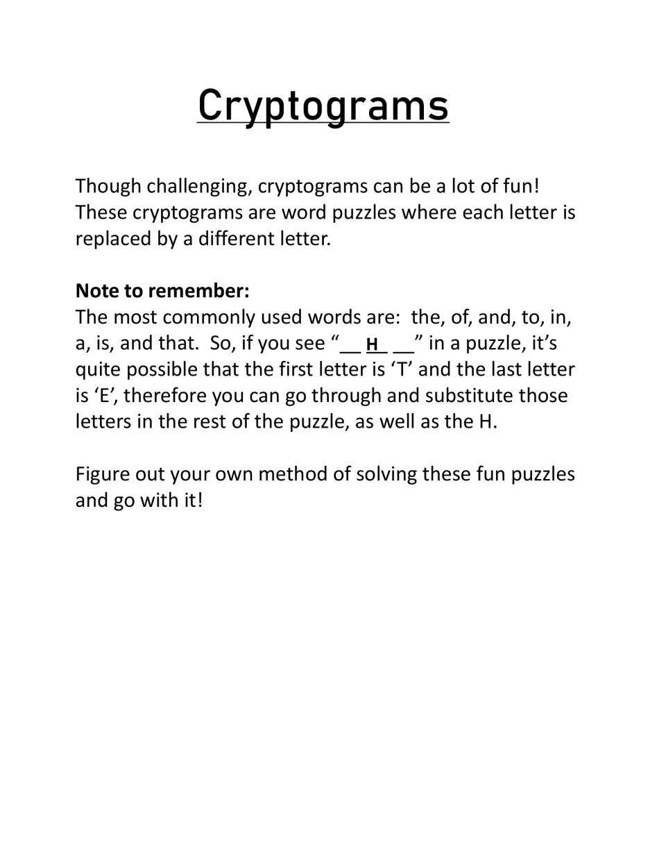 Cryptograms introduction: how letter-substitution puzzles work, with a tip to spot common words like 'the' first