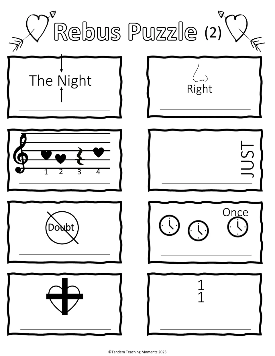 Rebus Puzzle (2): students solve 8 more word-picture riddles, including a nose over Right, Doubt crossed out and 1 over 1
