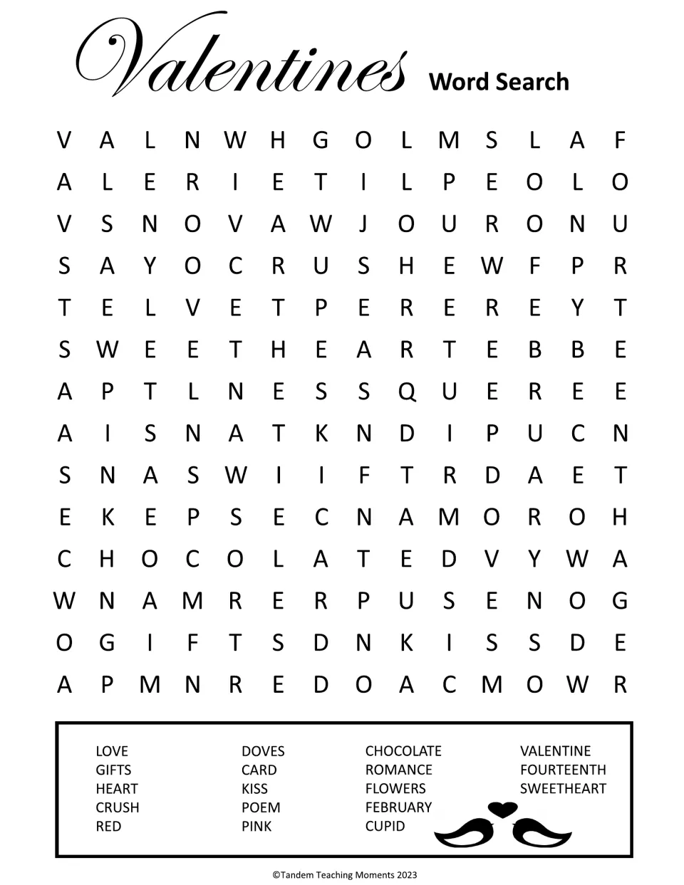 Valentines word search: students find 18 holiday words, including cupid, chocolate, fourteenth and sweetheart