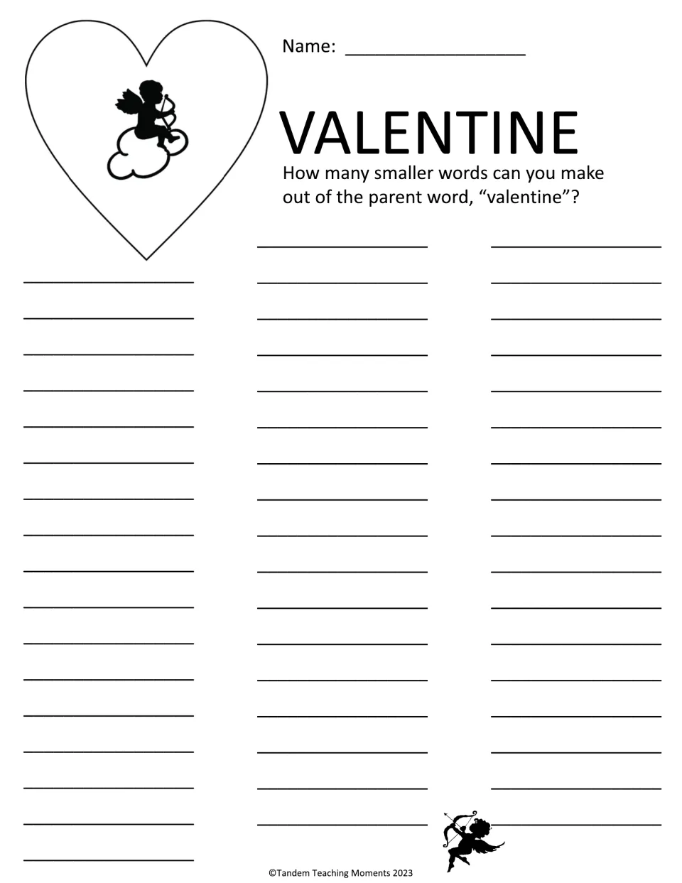 Valentine word building: students list as many smaller words as they can make from the letters of the word 'valentine'