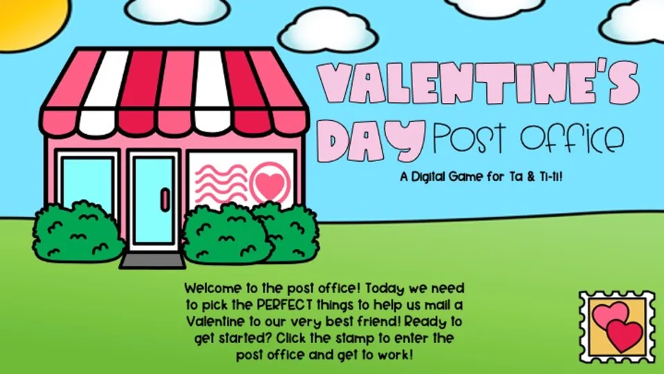 Opening slide of a Valentine rhythm game: click the stamp to enter the post office and mail a Valentine.