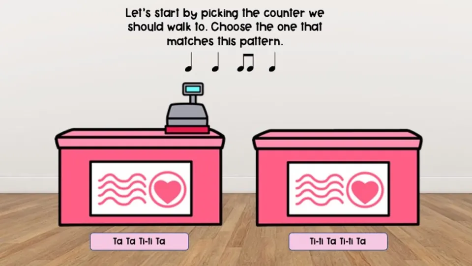 Counter selection slide: match Ta Ta Ti-ti Ta to one of two counters labeled with rhythm patterns.
