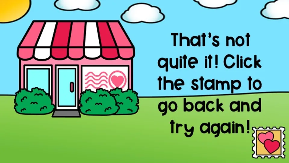 Retry feedback slide for the rhythm game: “That's not quite it!” Click the stamp to go back and try again.