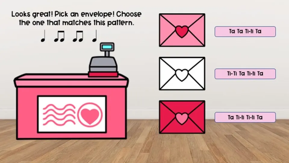 Envelope selection slide: match Ta Ti-ti Ti-ti Ta to one of three envelopes labeled with rhythm patterns.