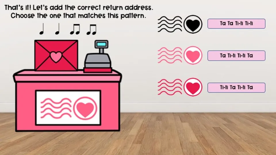 Return address selection slide: match Ta Ta Ti-ti Ti-ti to one of three options labeled with rhythms.