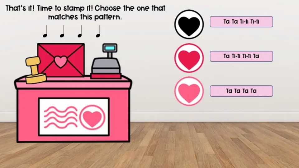 Stamp selection slide: match four quarter notes, Ta Ta Ta Ta, to one of three stamps labeled with rhythms.