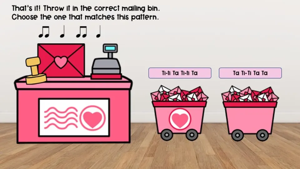 Mailing bin selection slide: match Ti-ti Ta Ti-ti Ta to one of two bins labeled with rhythm patterns.
