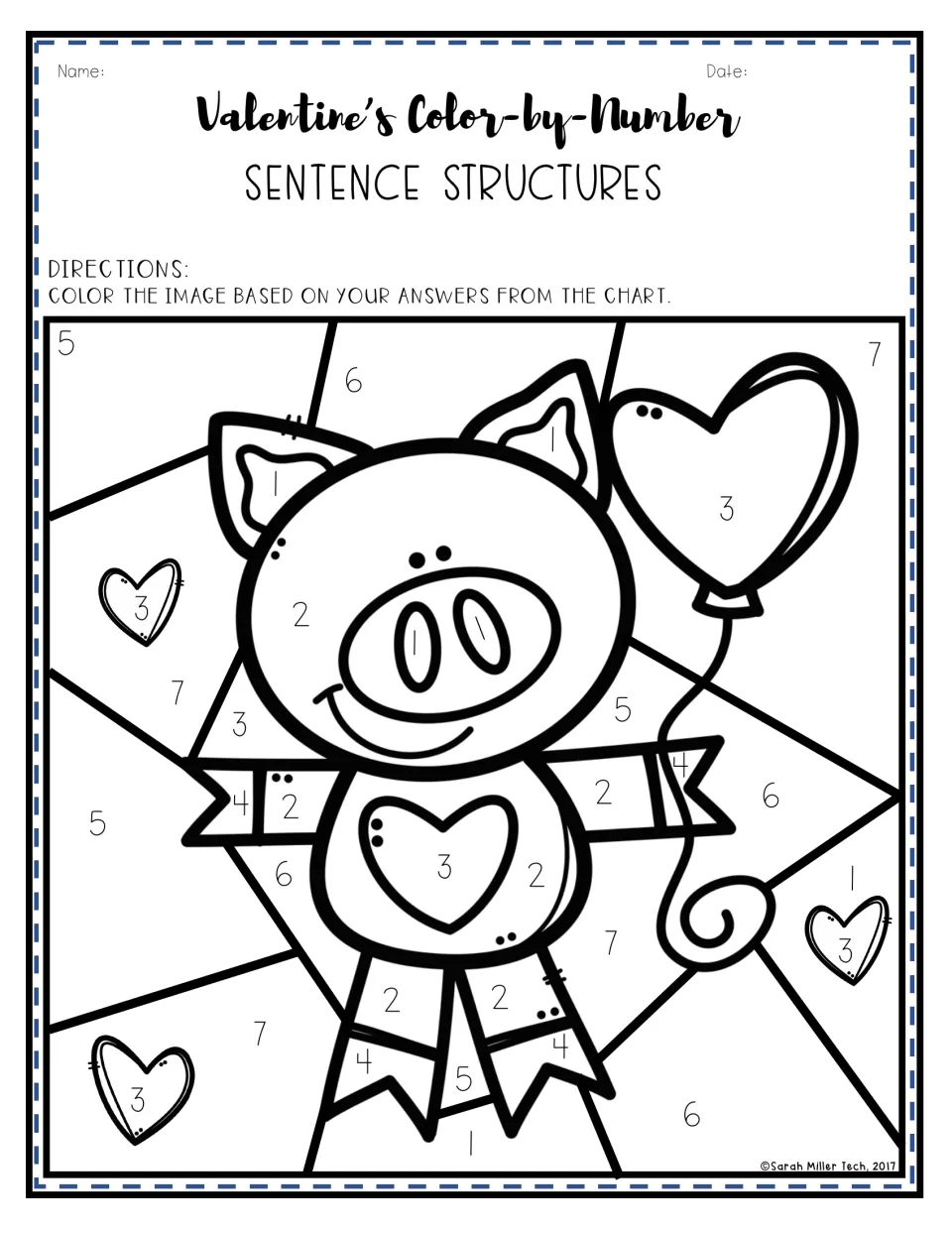 Valentine sentence structure coloring page: a pig holding a heart balloon, with areas numbered 1–7
