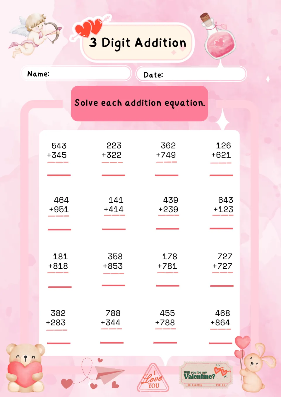 3 Digit Addition set 1: students solve 16 vertical sums, 543 + 345 through 468 + 864, with cupid and teddy bear art