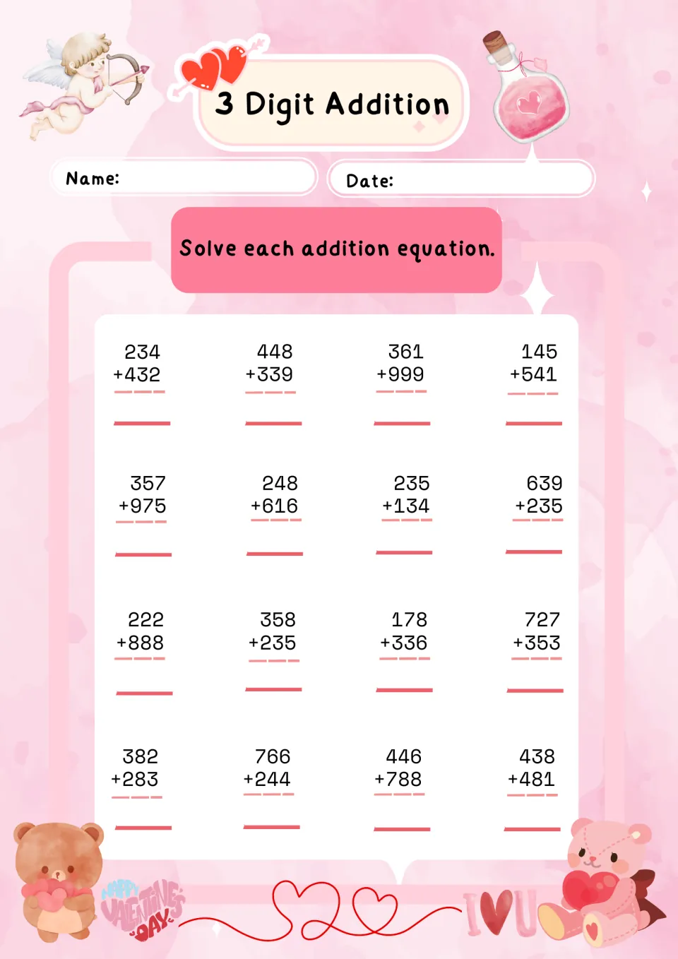 3 Digit Addition set 2: students add 16 three-digit pairs, from 234 + 432 to 438 + 481, several needing regrouping
