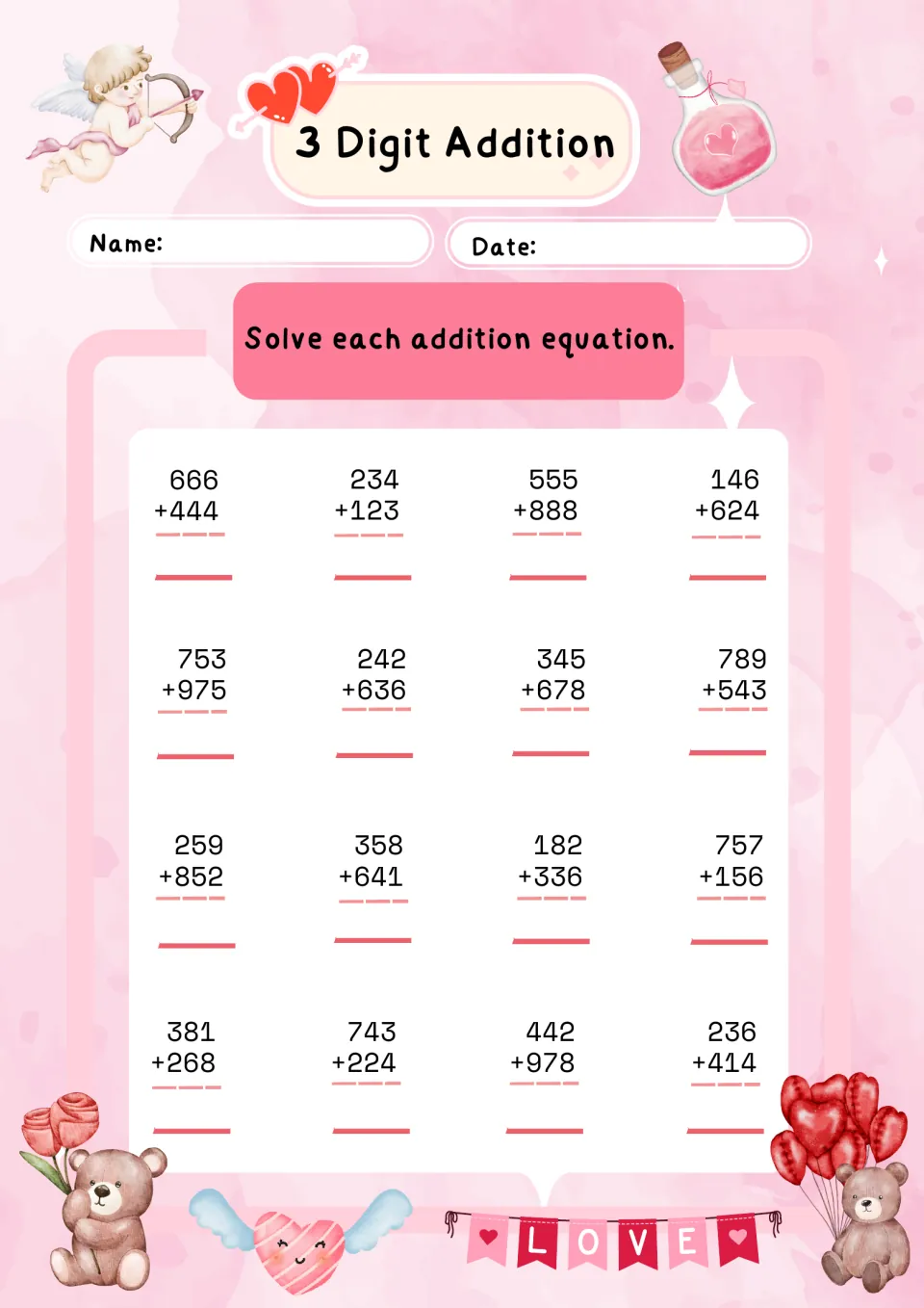 3 Digit Addition set 3: students find 16 sums such as 666 + 444 and 236 + 414, adding ones, tens and hundreds