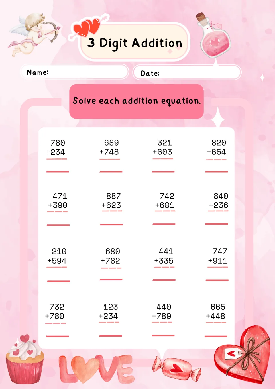 3 Digit Addition set 4: students solve 16 problems from 780 + 234 to 665 + 448, many with sums over 1,000