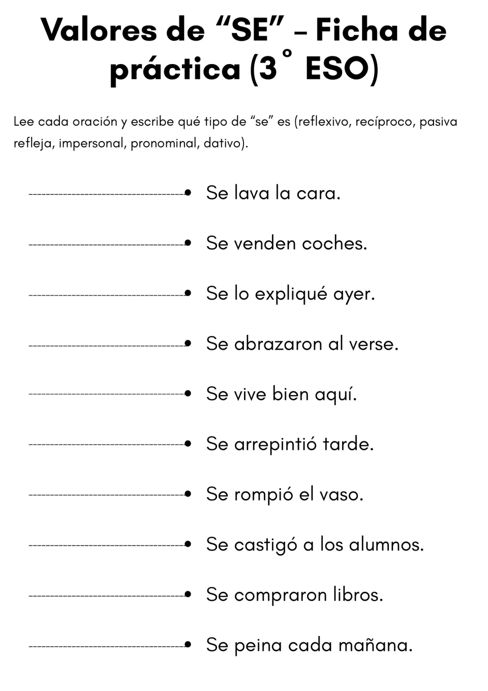 Valores de SE practice (3º ESO): students name the type of se in 10 sentences, from reflexivo and recíproco to dativo