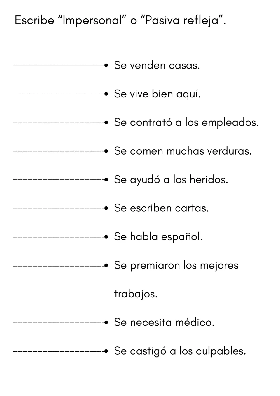 Impersonal vs pasiva refleja: students classify 10 se sentences such as Se venden casas and Se habla español