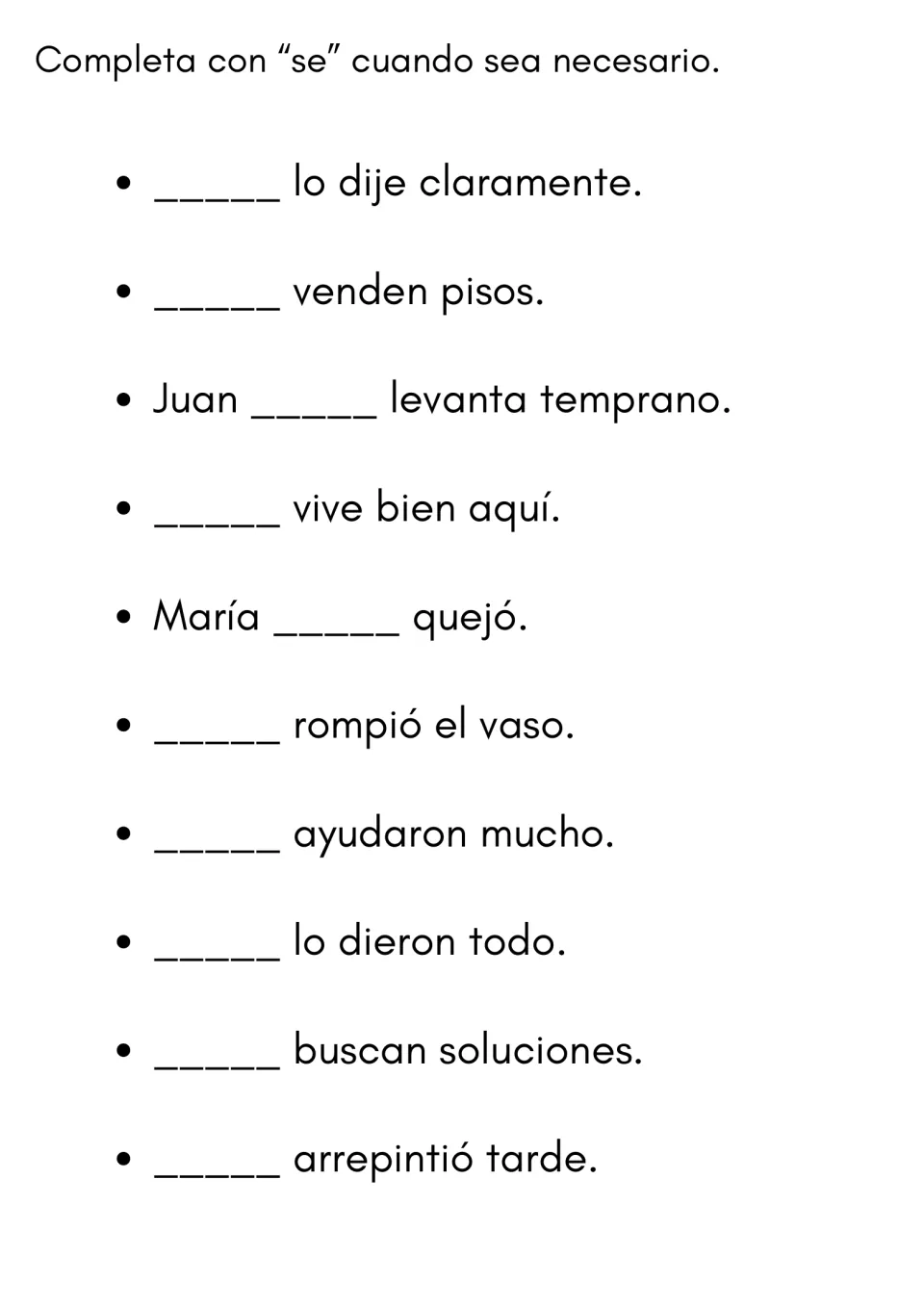 Using se in context: students fill the blank with se where needed in 10 sentences like Juan ___ levanta temprano