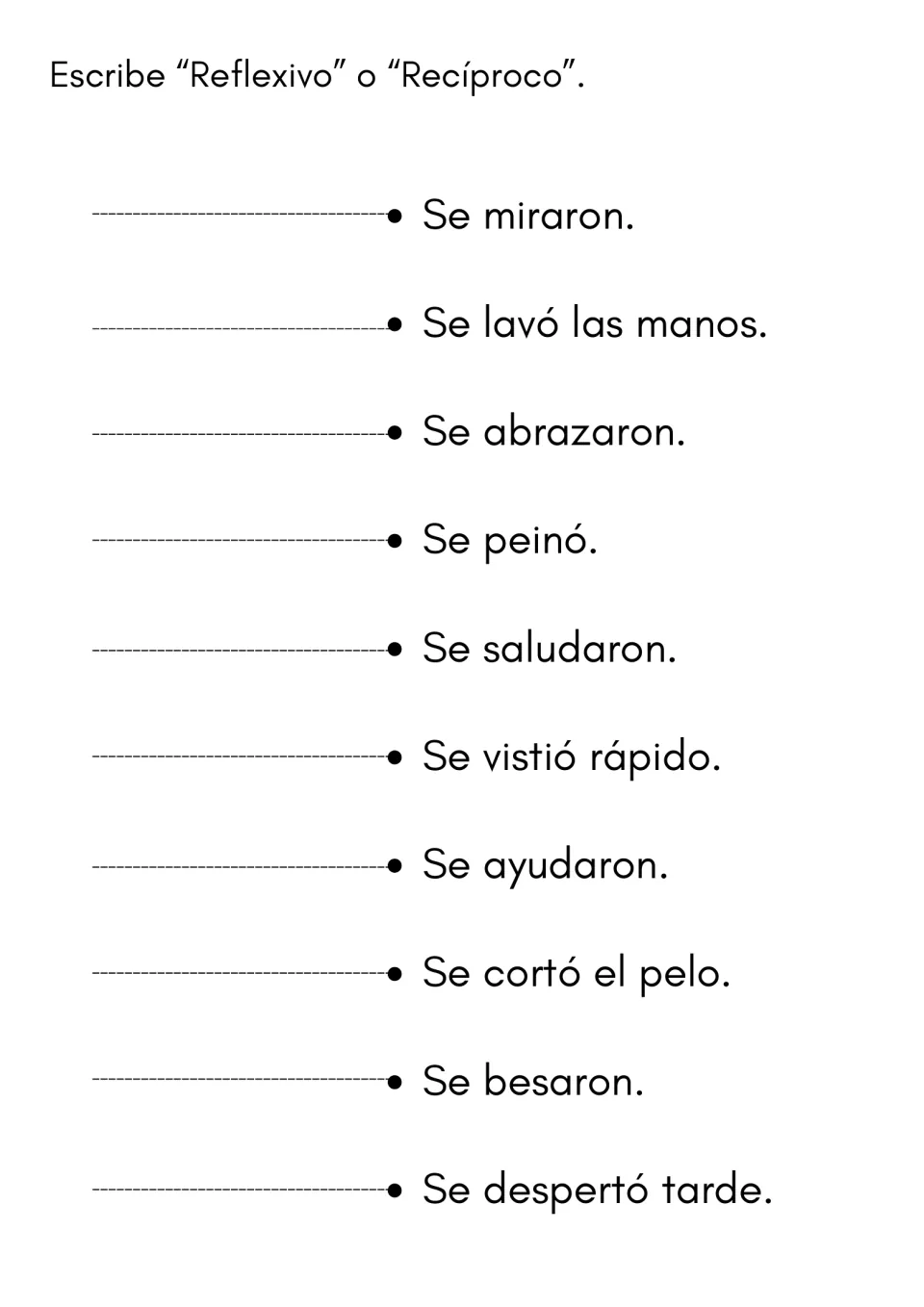Reflexive vs reciprocal se: students mark 10 verbs such as Se miraron and Se peinó as reflexivo or recíproco