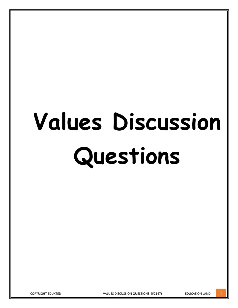 Cover reading Values Discussion Questions, a set of reflection prompts about personal values, from Education Land