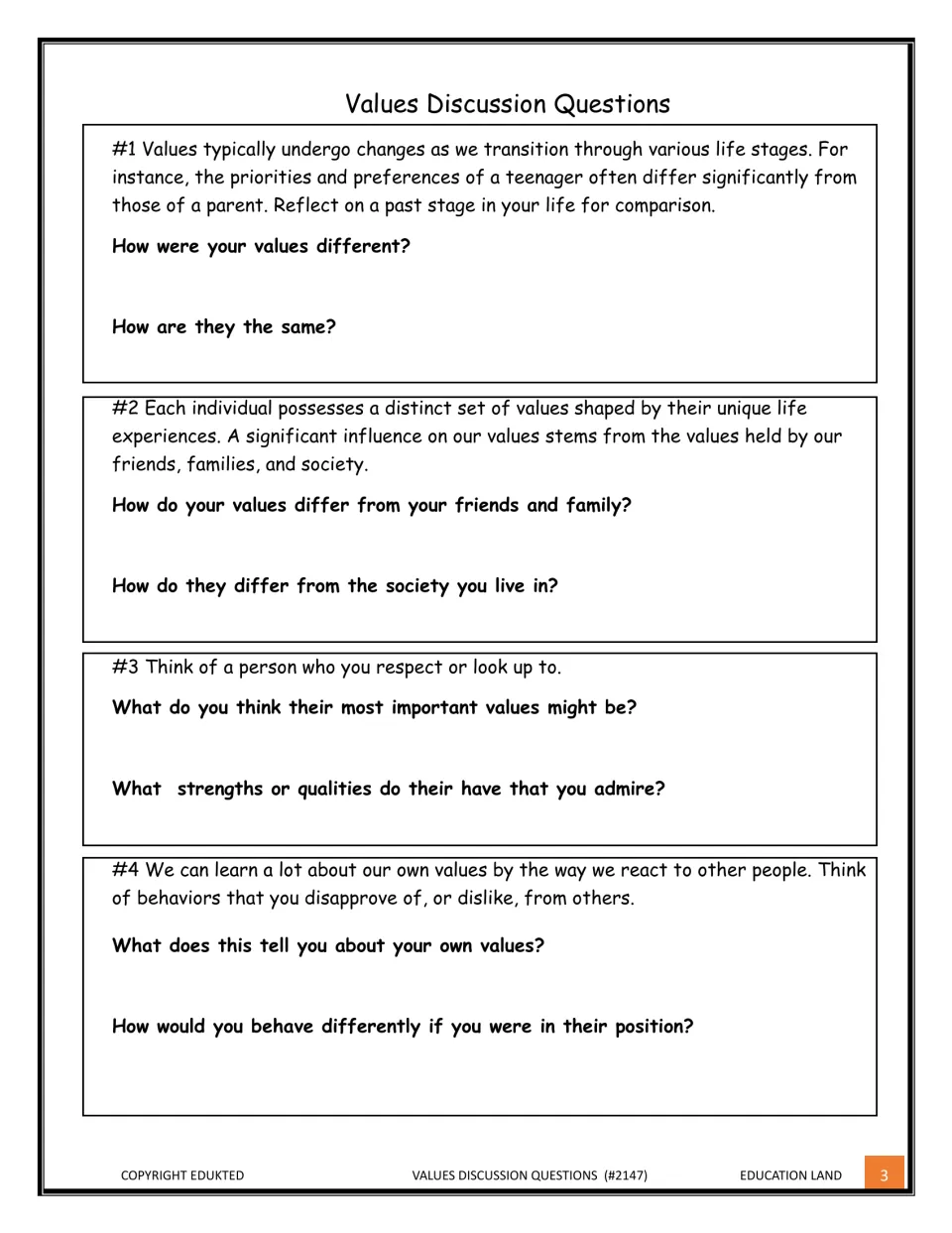Personal values prompts 1-4: learners reflect on past values, family and society, a role model and behaviors they dislike