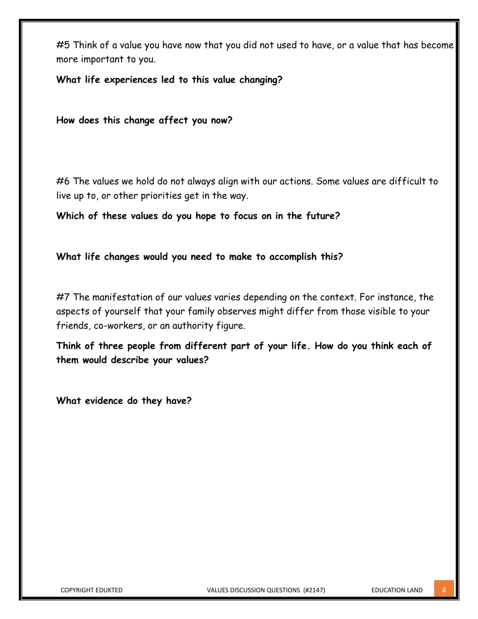 Values prompts 5-7: learners explain how a value changed, align actions with values, and imagine how 3 people see them