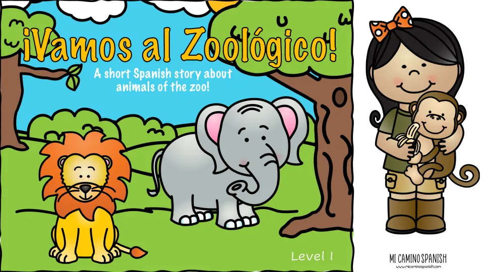Spanish story cover: ¡Vamos al Zoológico! (Level I), about zoo animals, with a lion, elephant, and monkey