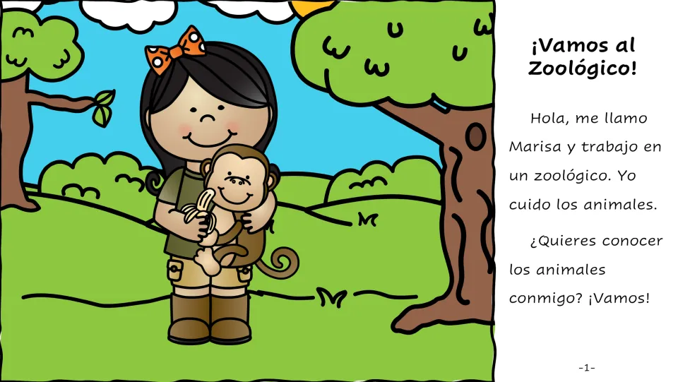 Spanish story page 1: Marisa introduces herself as a zoo worker who cares for animals and invites readers along