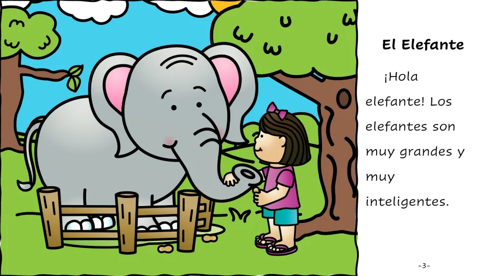 Spanish story page 3: El Elefante (the elephant), with a greeting and text describing elephants as big and smart