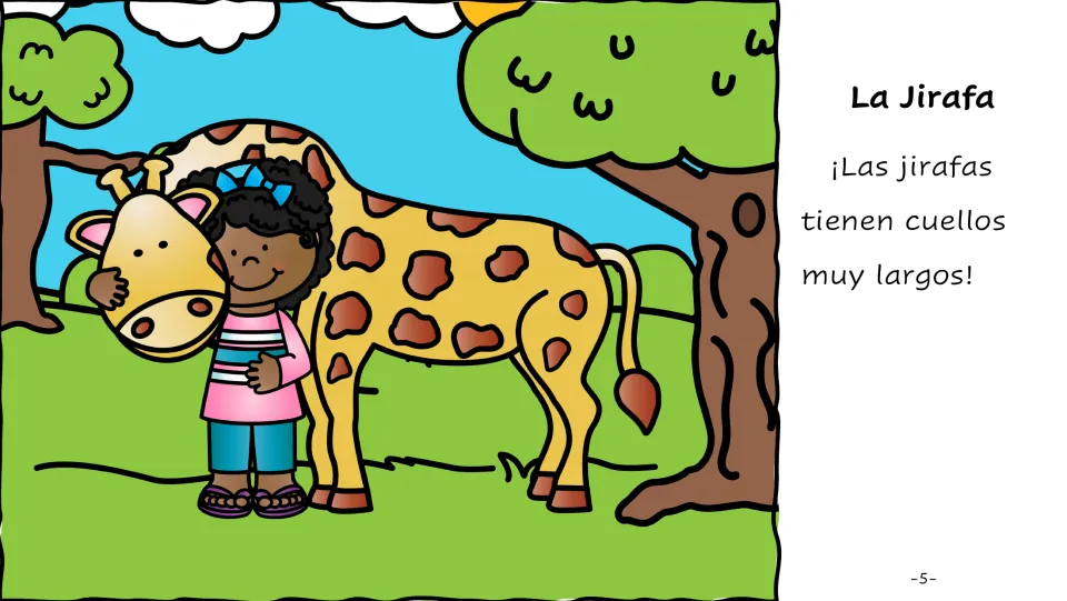 Spanish story page 5: La Jirafa (the giraffe), with text about very long necks and a child hugging a giraffe