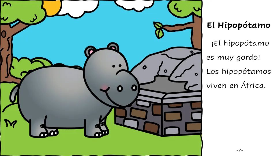 Spanish story page 7: El Hipopótamo (the hippopotamus), described as very fat, with text placing hippos in Africa