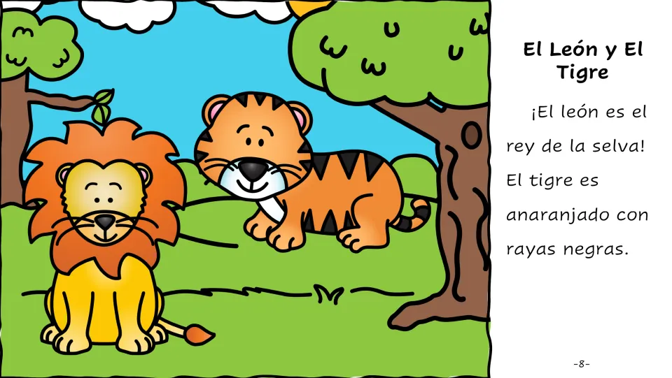 Spanish story page 8: El León (the lion), called king of the jungle, and El Tigre (the tiger), orange with stripes