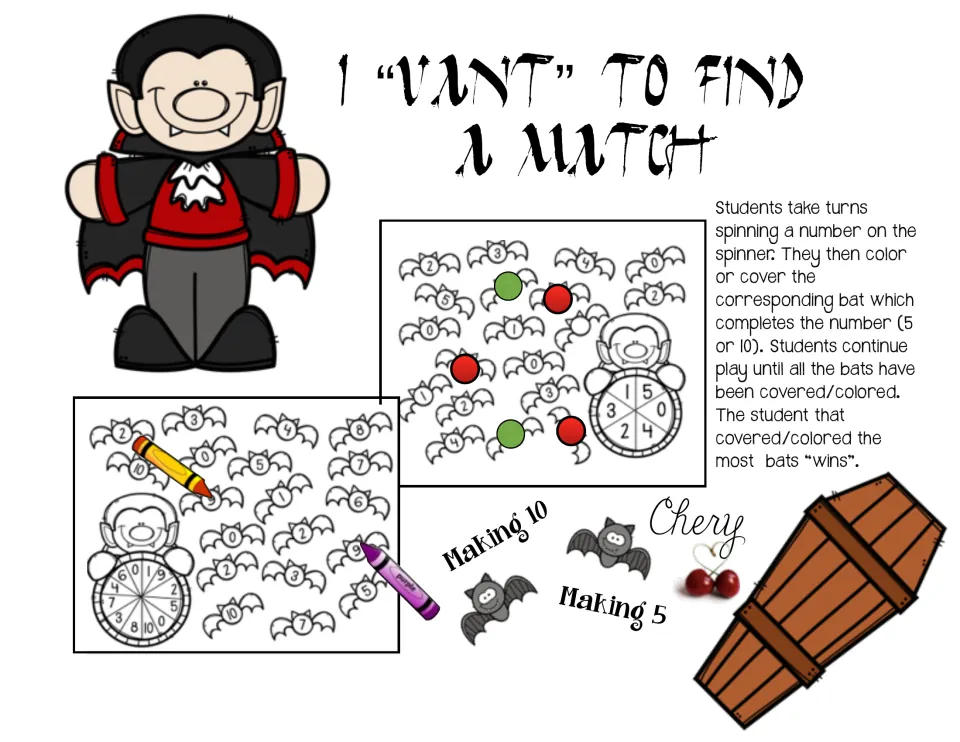 I Vant to Find a Match cover: spinner game directions for coloring bats that make 5 or 10, with game board previews